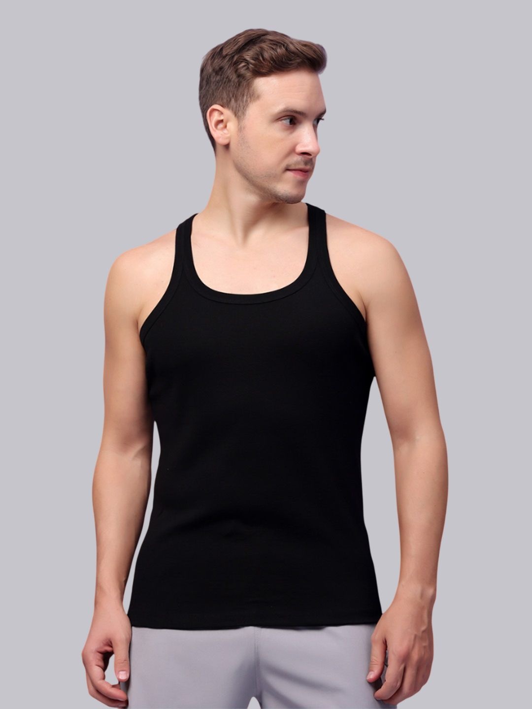 

Friskers Men Round Neck Sleeveless Cotton Ribbed Skin Friendly Gym Vest, Black