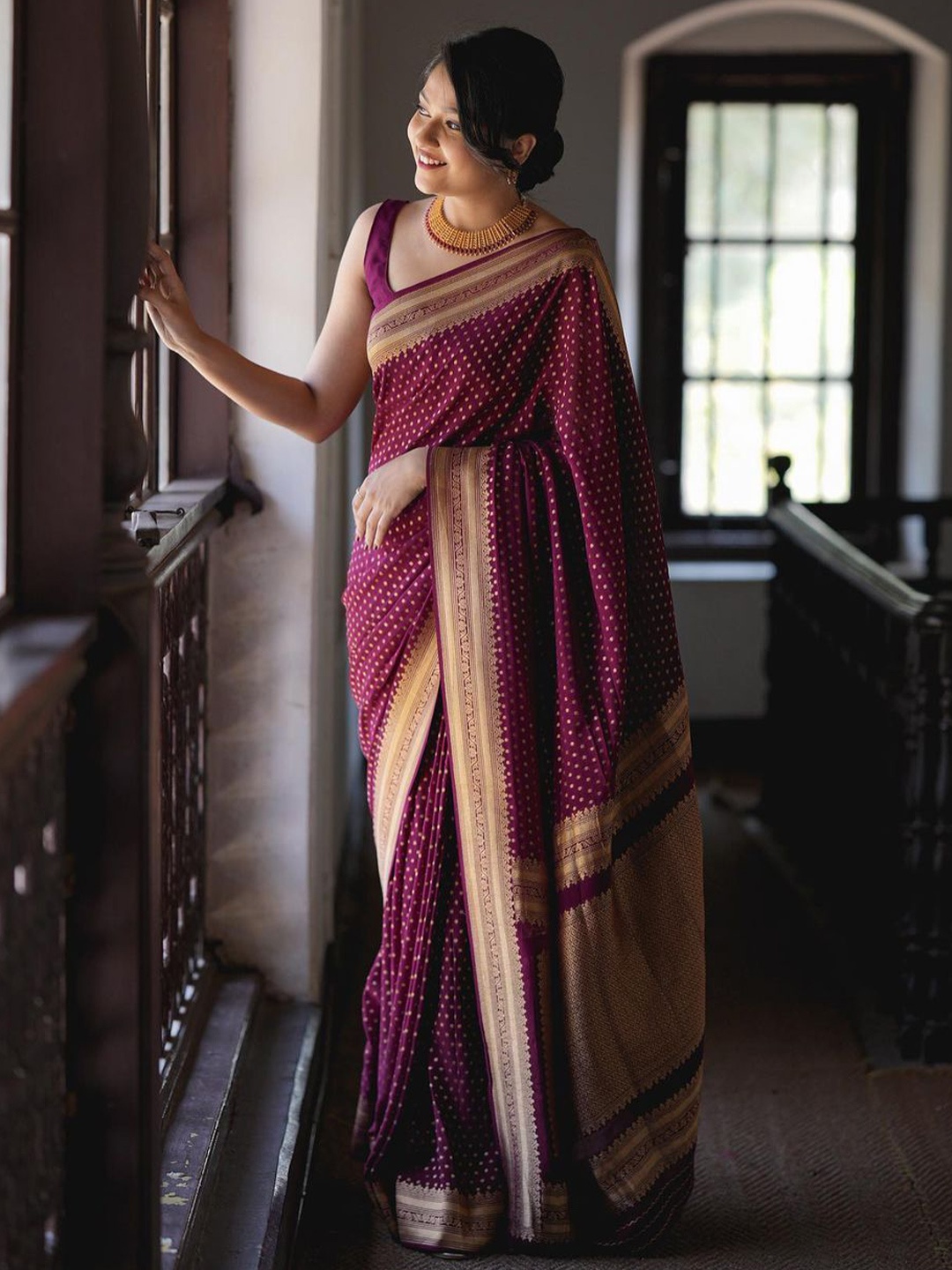 

KALINI Women Woven Design Banarasi Kanjivaram Cotton Silk Woven Saree, Purple