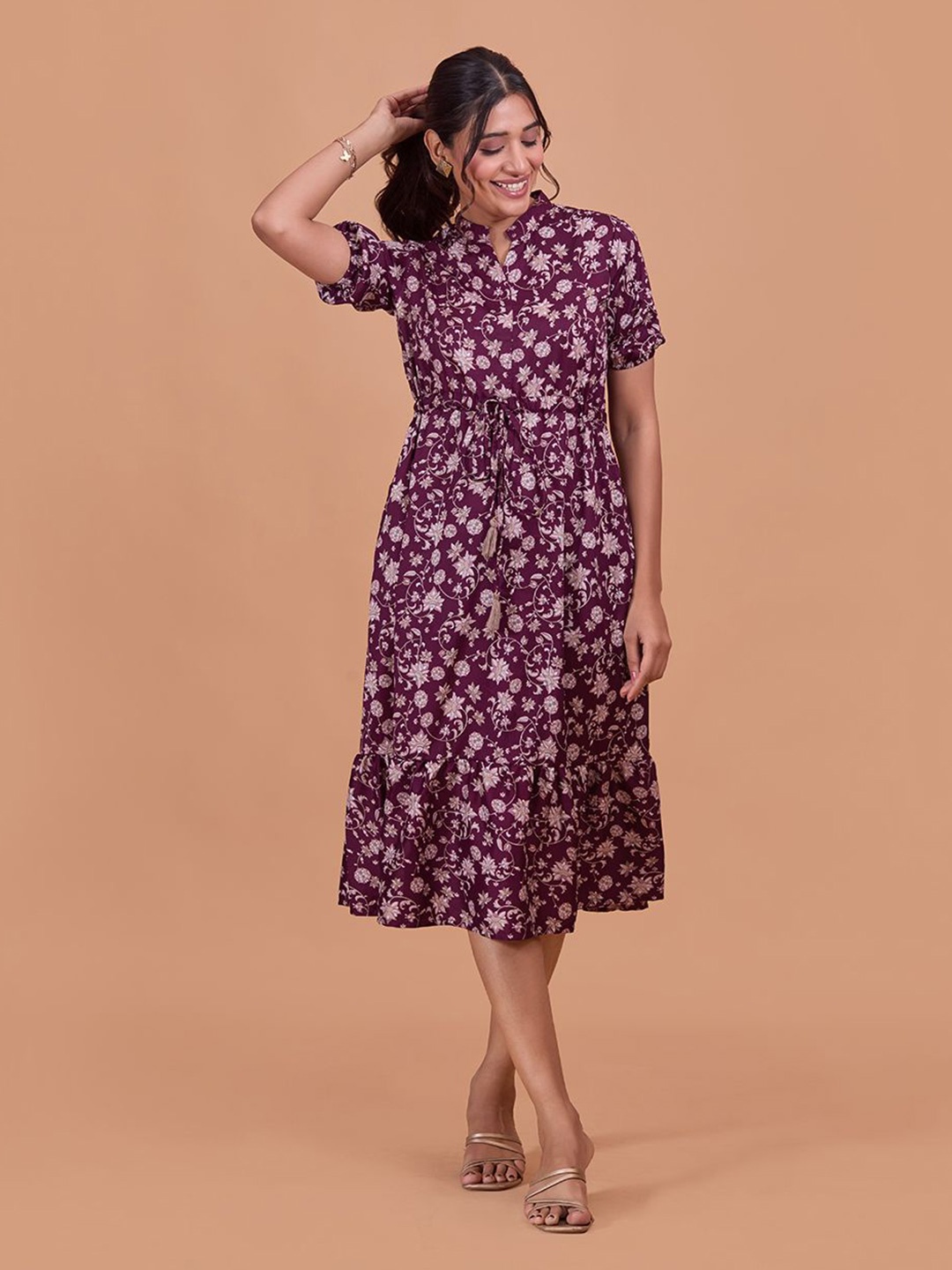 

Fashfun Women Printed Puff Sleeve Cotton Fit & Flare Midi Dress, Purple