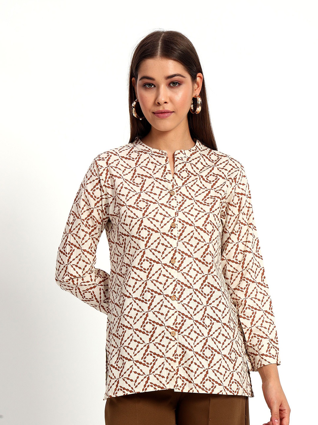 

Peikh Women Printed Mandarin Collar A-Line Top, Beige