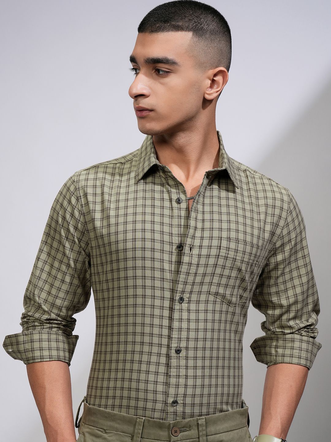 

HIGHLANDER Men Spread Collar Checked Cotton Casual Shirt, Khaki