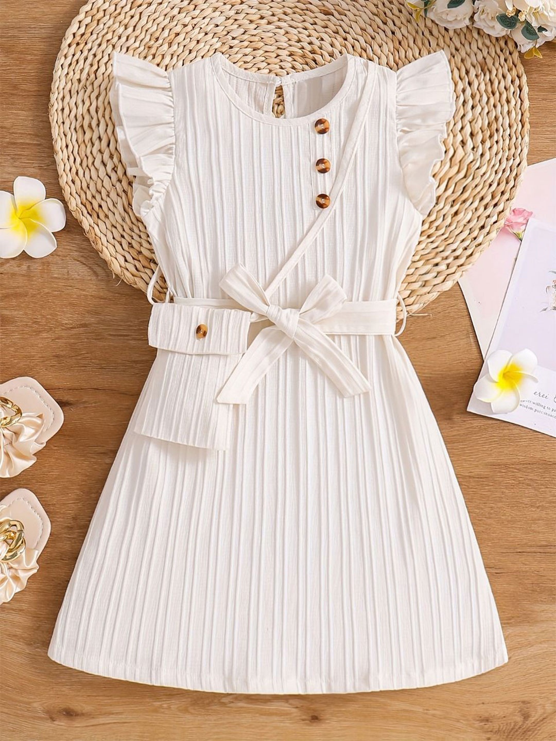 

BAESD Girls Flutter Sleeve A-Line Dress With Belt and Sling Bag, White