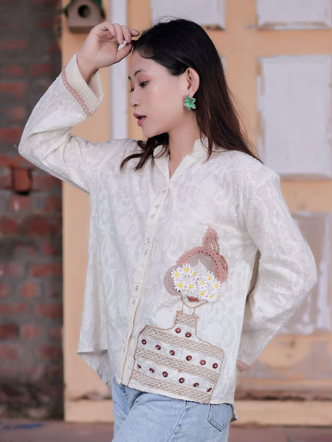 

Oskos Women Embroidered Mandarin Collar Cotton Styled Back Top, Off white