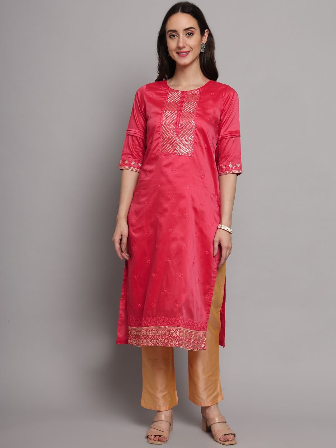 

INVAGA FASHION Women Embroidered Regular Thread Work Kurta with Trousers & With Dupatta, Red