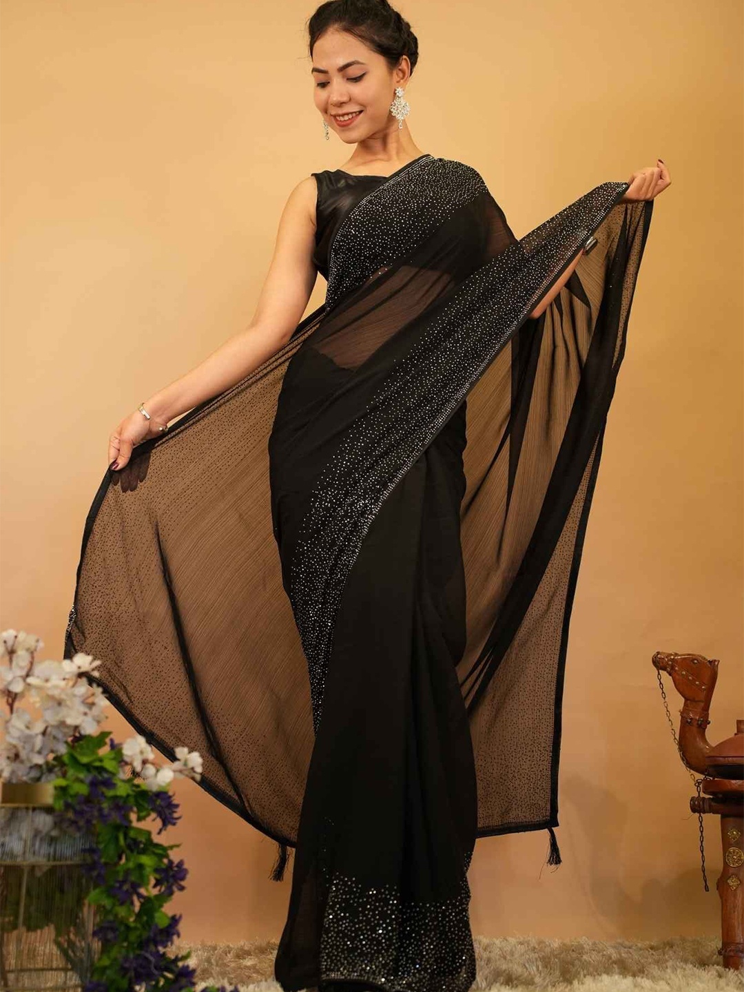 

SWADESI STUFF Embellished Beads and Stones Saree, Black