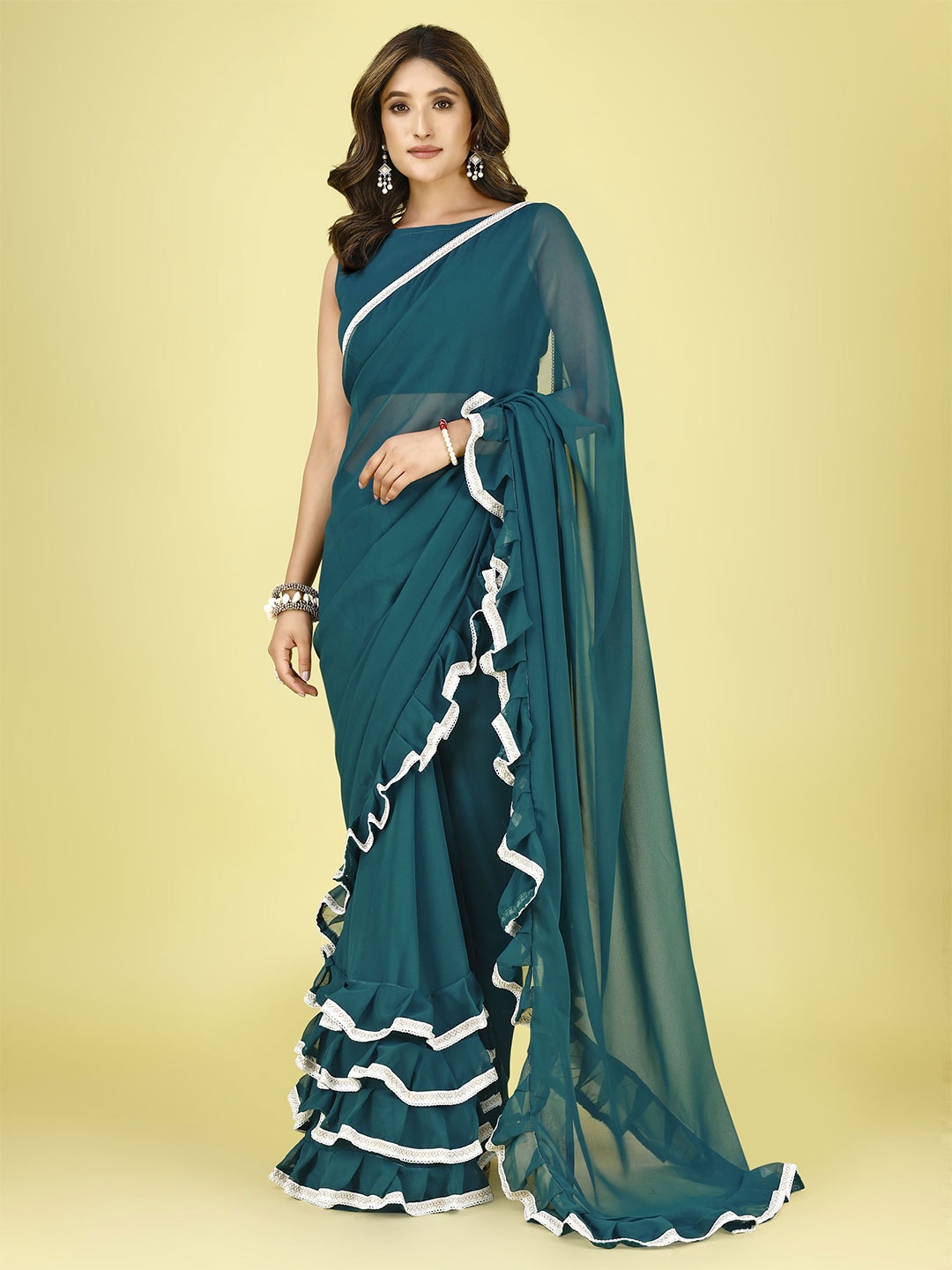 

AMK FASHION Ruffle Lace Border Saree, Sea green