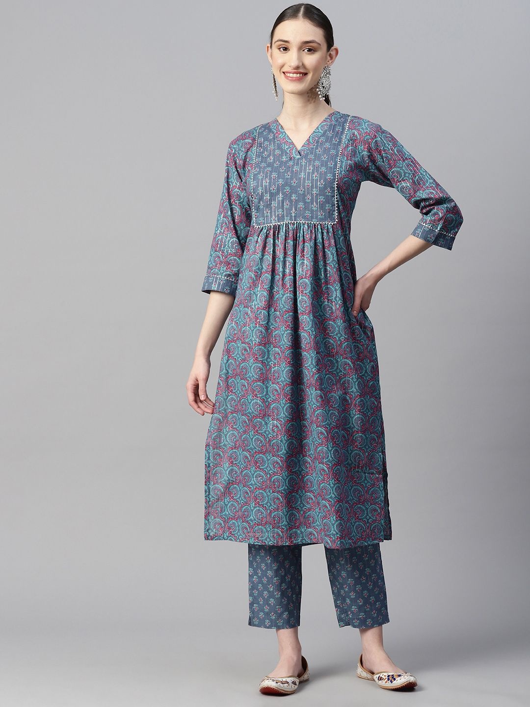 

Indibelle Floral Printed V-Neck Cotton A-Line Kurta, Grey