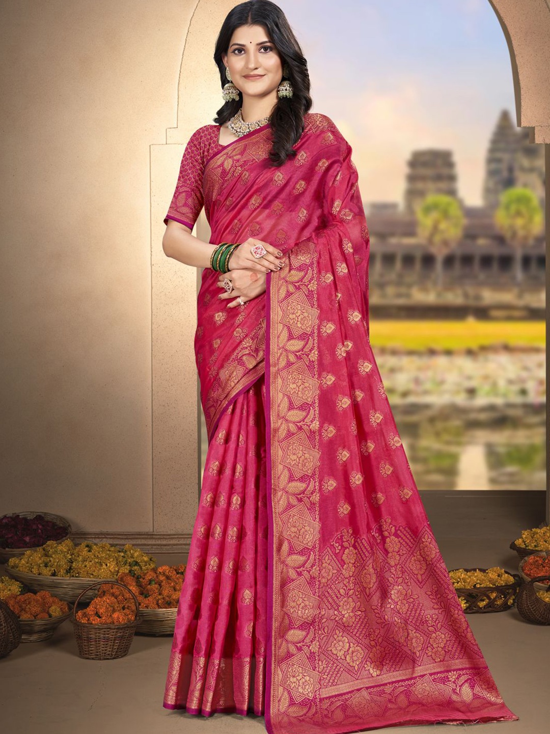 

SANGAM PRINTS Woven Design Zari Silk Blend Tussar Saree, Pink