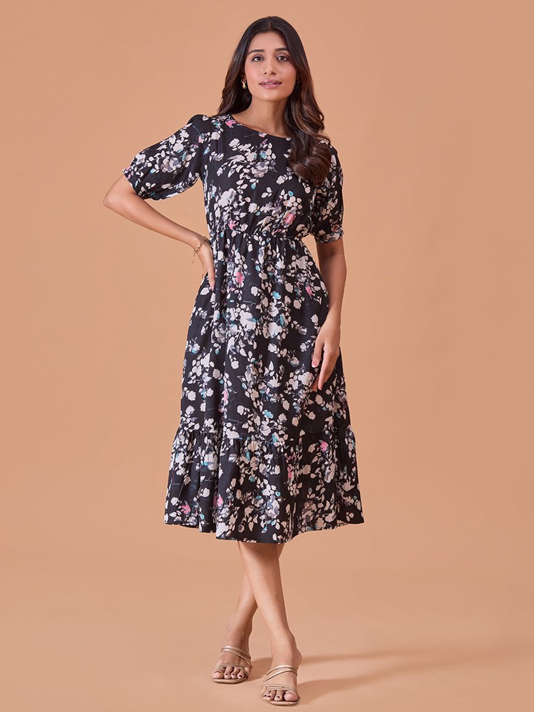 

Fashfun Women Cotton Floral Printed Puff Sleeve Fit & Flare Midi Dress, Black