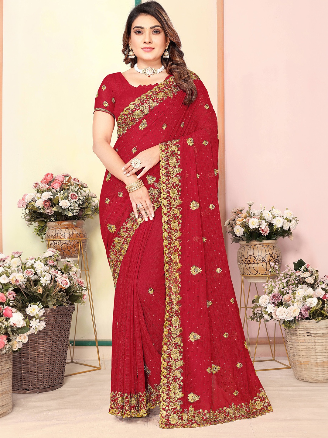 

KHRITI FAB Floral Pure Georgette Saree, Red