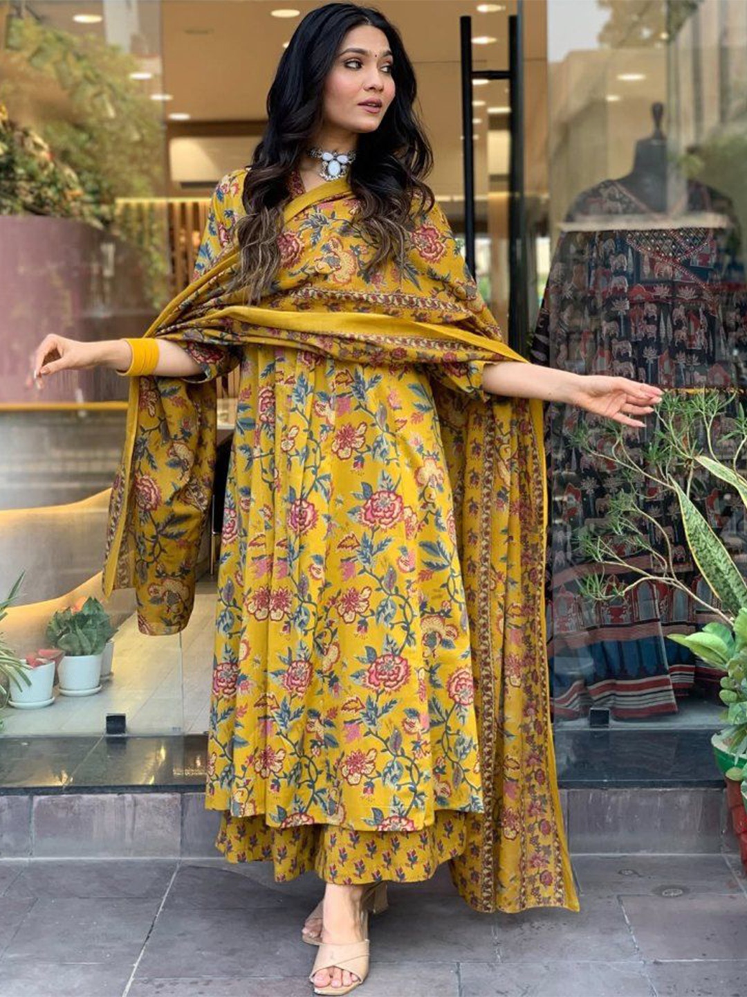 

SHREE KHODAL FASHION Women Embroidered Three-Quarter Sleeves Kurta & Trousers With Dupatta, Mustard