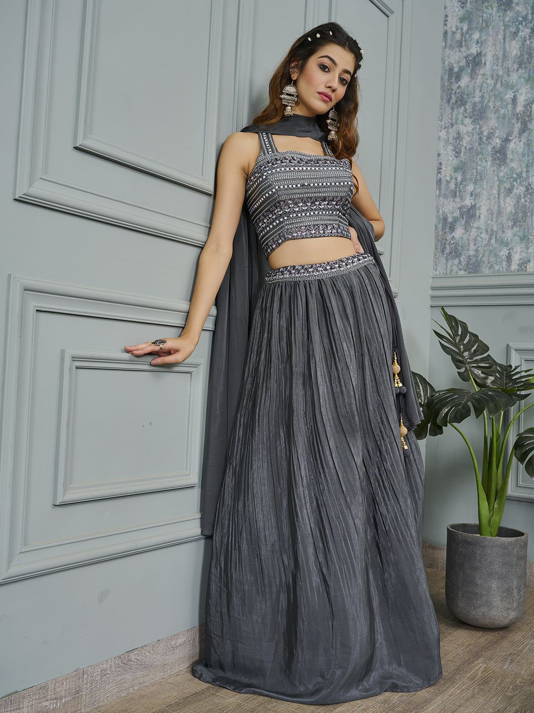 

Krimmple Embroidered Thread Work Ready to Wear Lehenga & Blouse With Dupatta, Grey