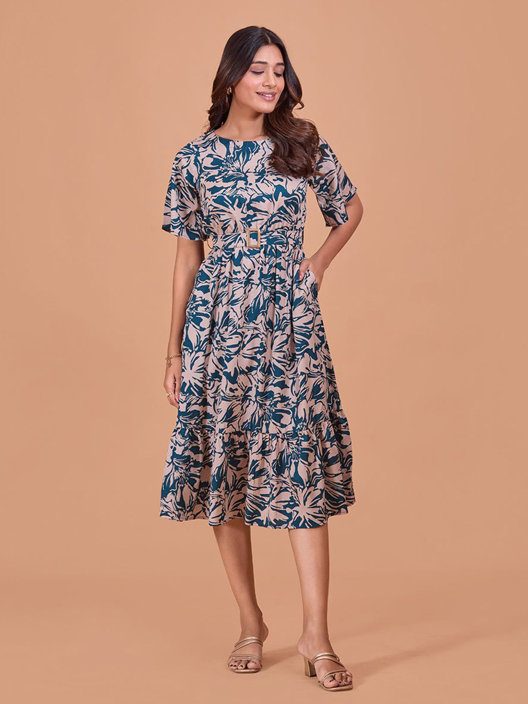 

Fashfun Floral Print Bell Sleeve Fit & Flare Midi Dress, Green
