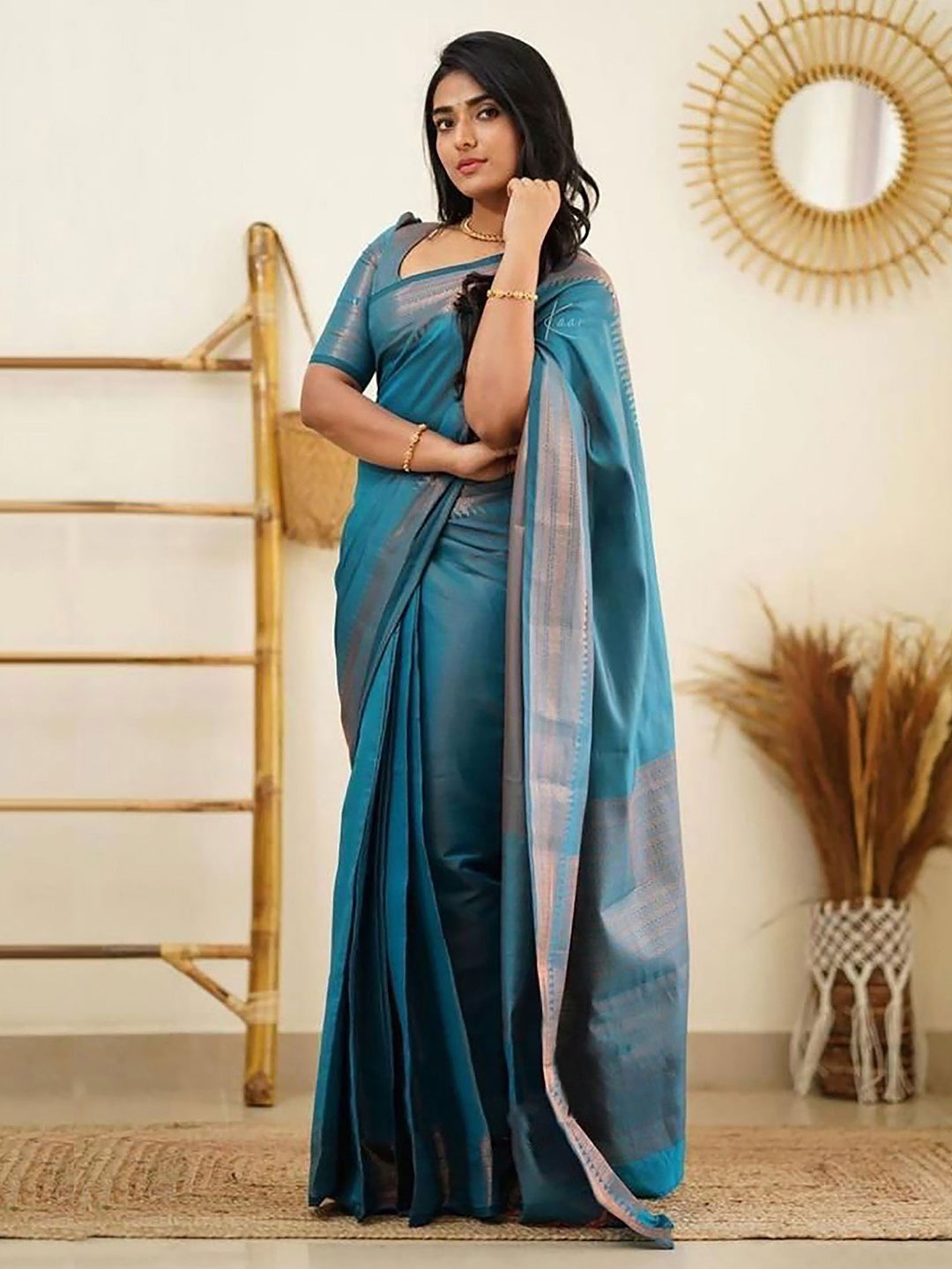 

bigben textile Woven Design Zari Banarasi Saree, Teal