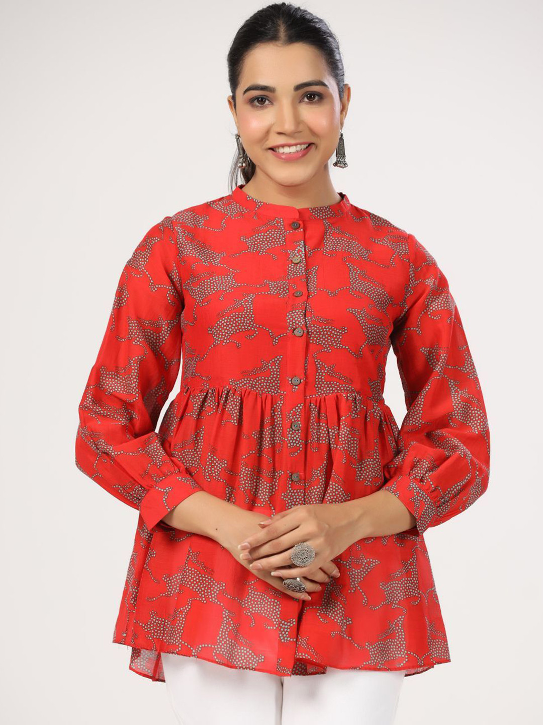 

JAIPURRANG Animal Print Mandarin Collar Cotton Peplum Top, Red