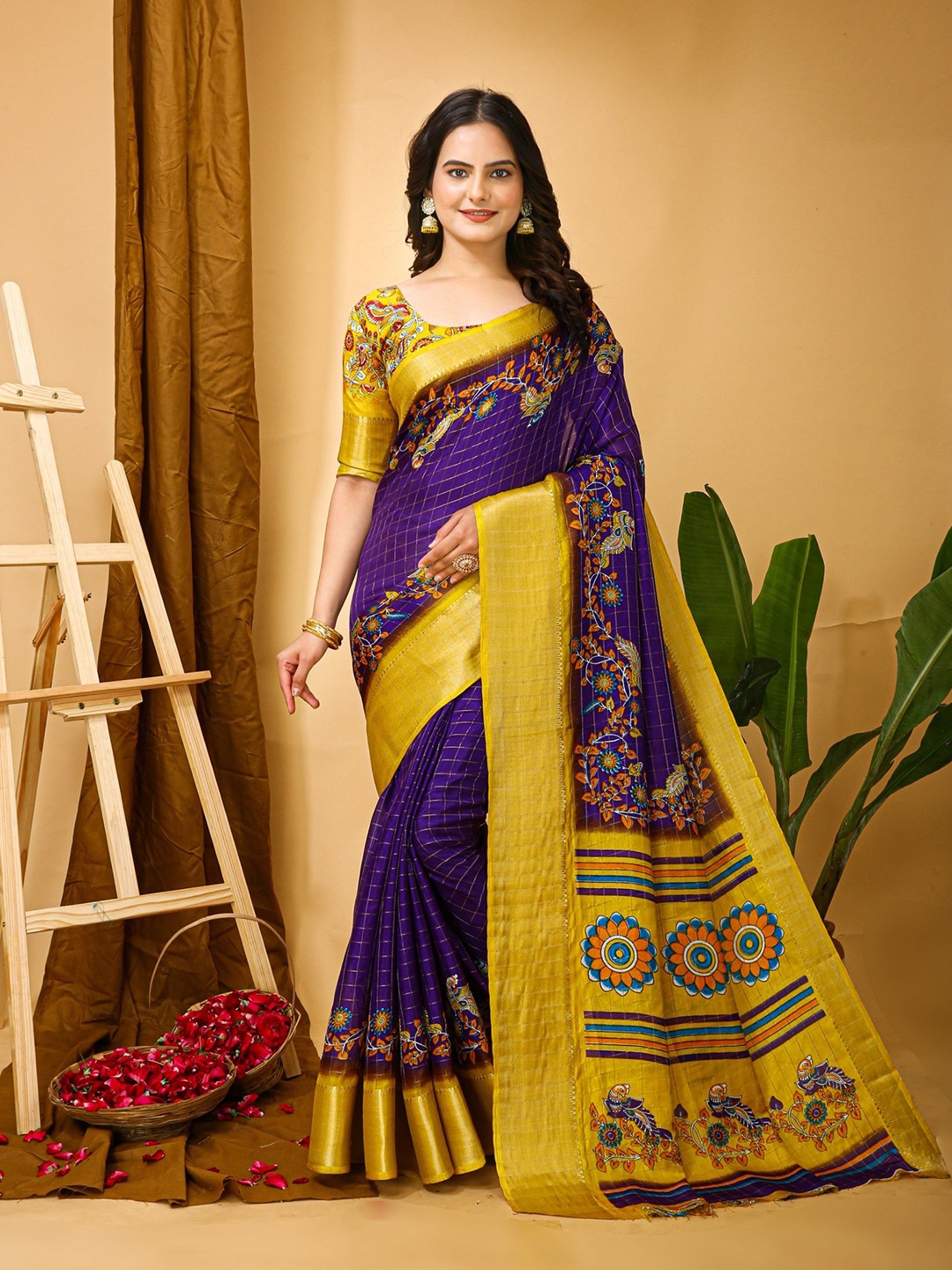 

LeeliPeeri Designer Floral Printed Zari Saree With Contrast Blouse Piece, Purple
