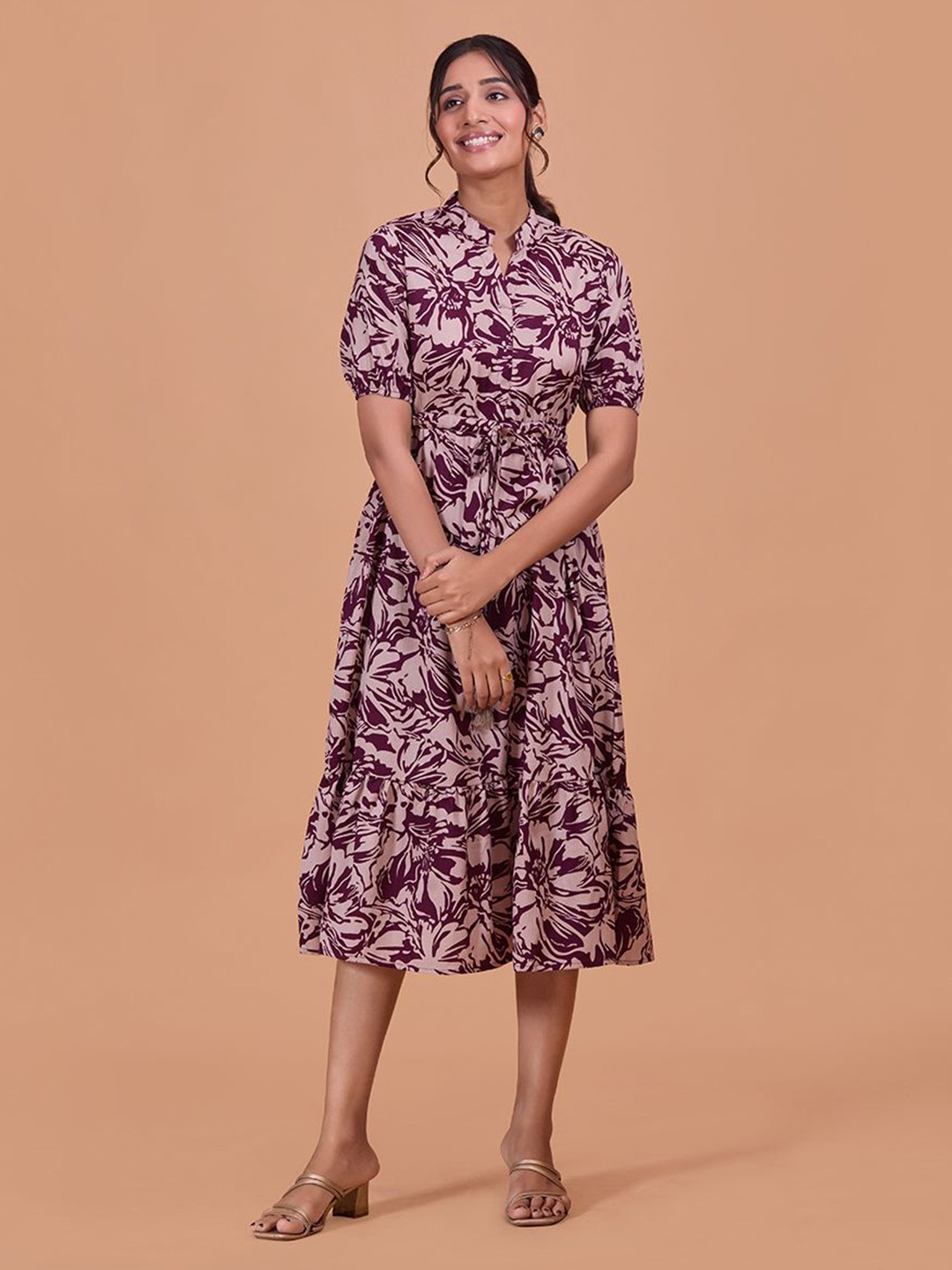 

Fashfun Cotton Floral Print Puff Sleeve Fit & Flare Midi Dress, Purple