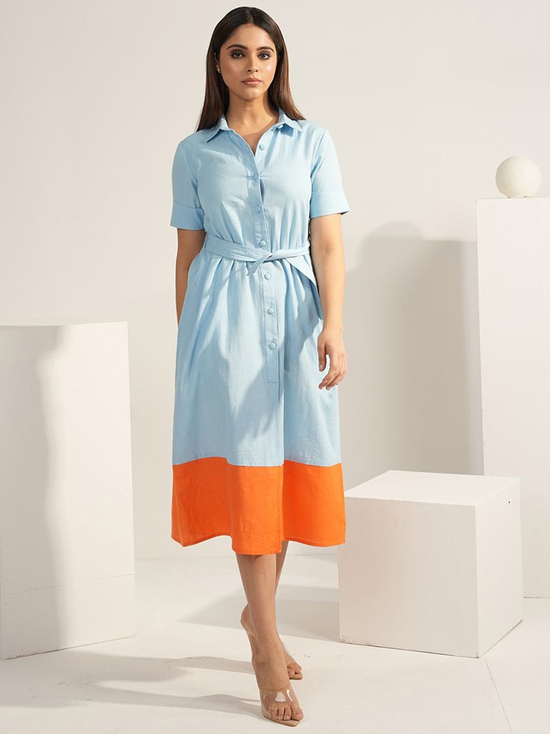 

Aamili Women Shirt Collar Cotton A-Line Midi Dress with Belt, Blue