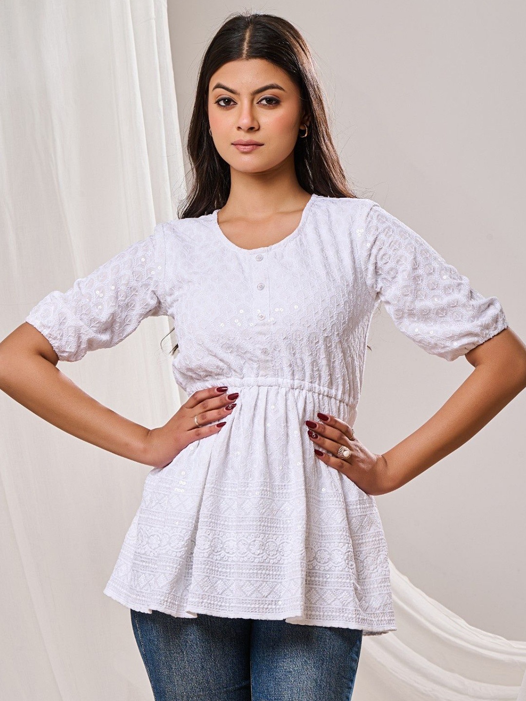 

Futra Gabha Embroidered Longline Top, White