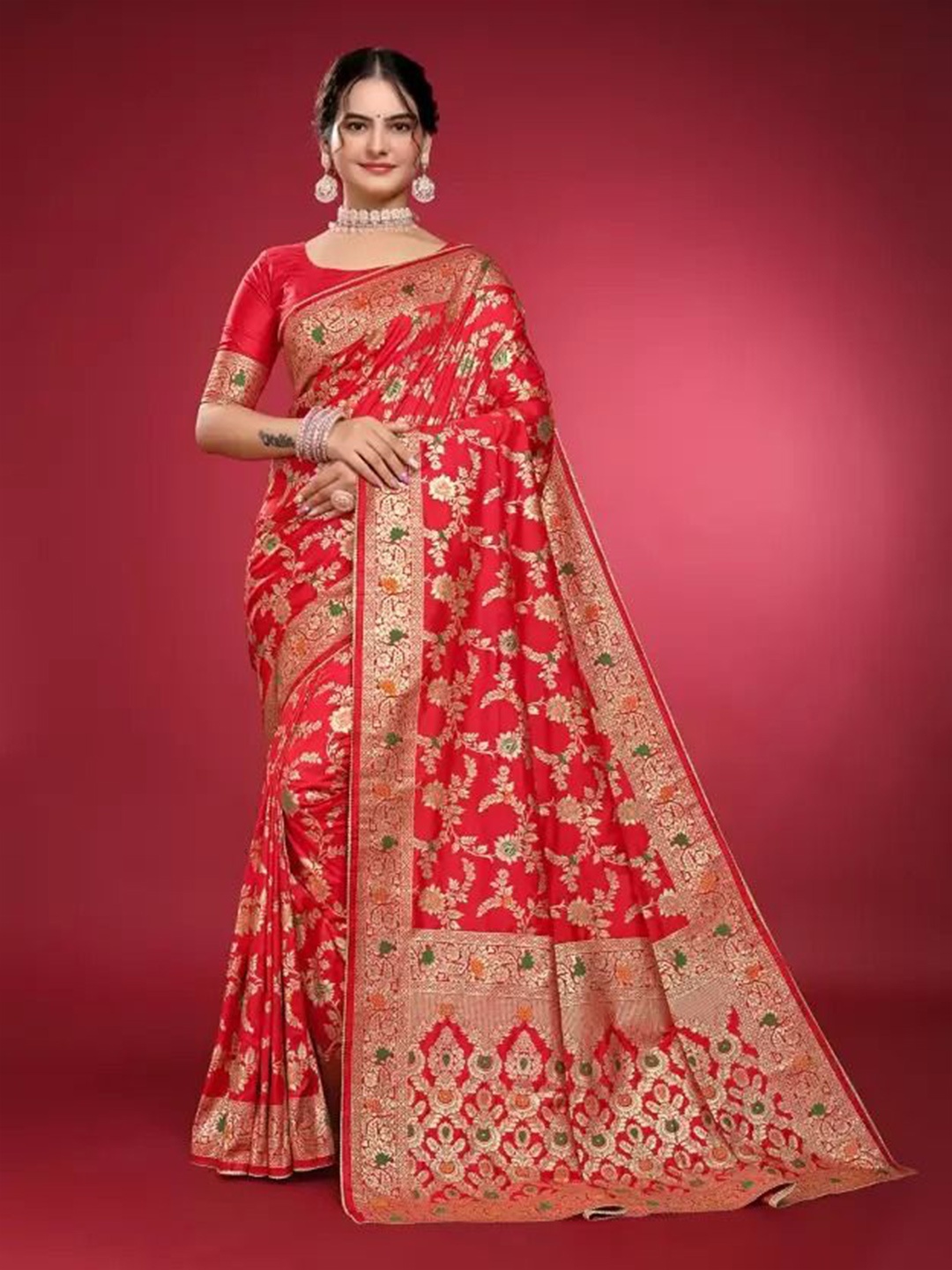 

KALINI Woven Design Zari Pure Silk Fusion Saree, Red