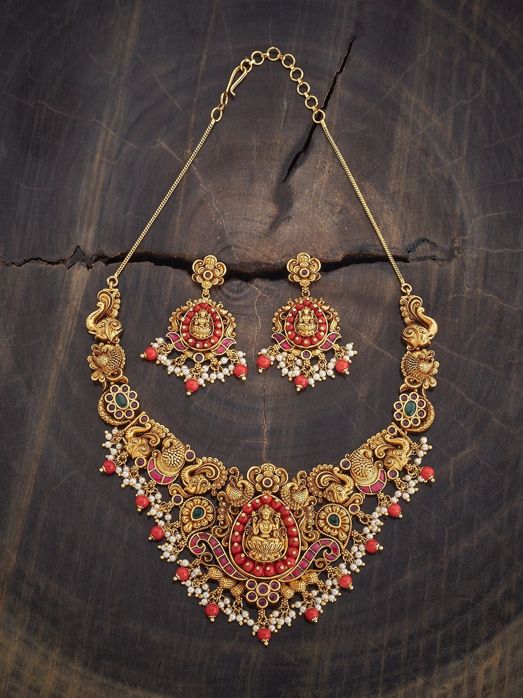 

Kushal's Fashion Jewellery Gold-Plated Stone Studded & Beaded Antique Jewellery Set