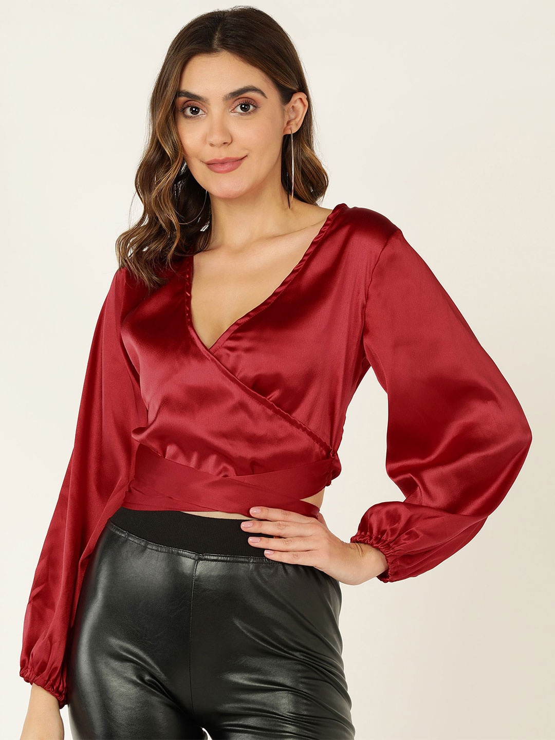 

MISS HAUTE Women Satin Wrap Crop Top, Maroon