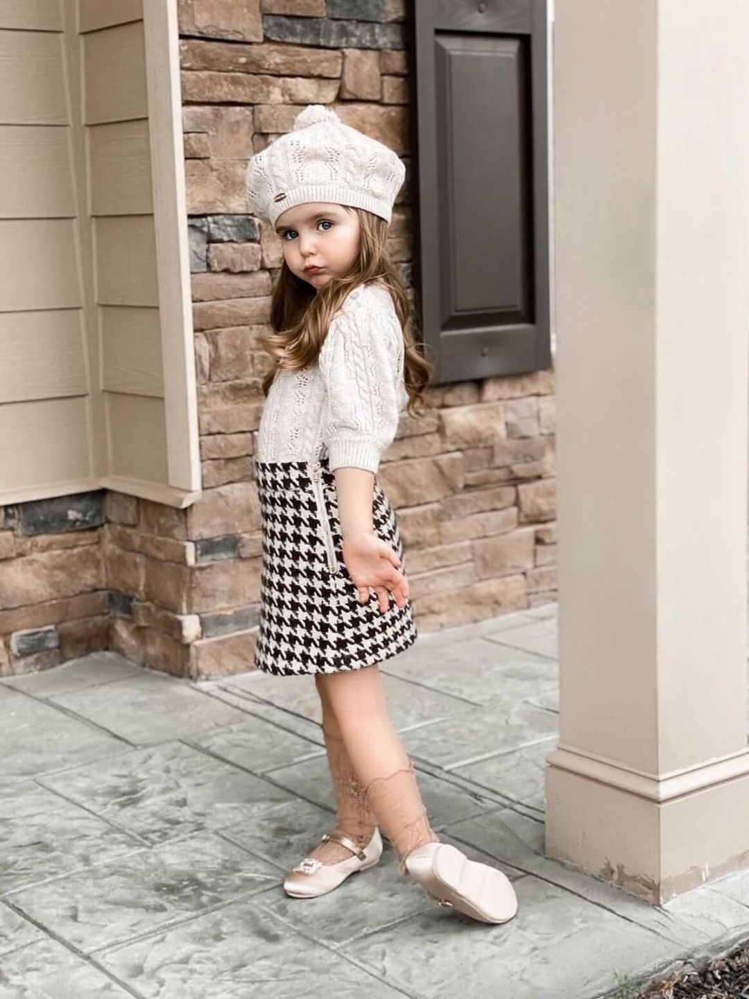 

YK Girls Checked Top With Skirt, Off white