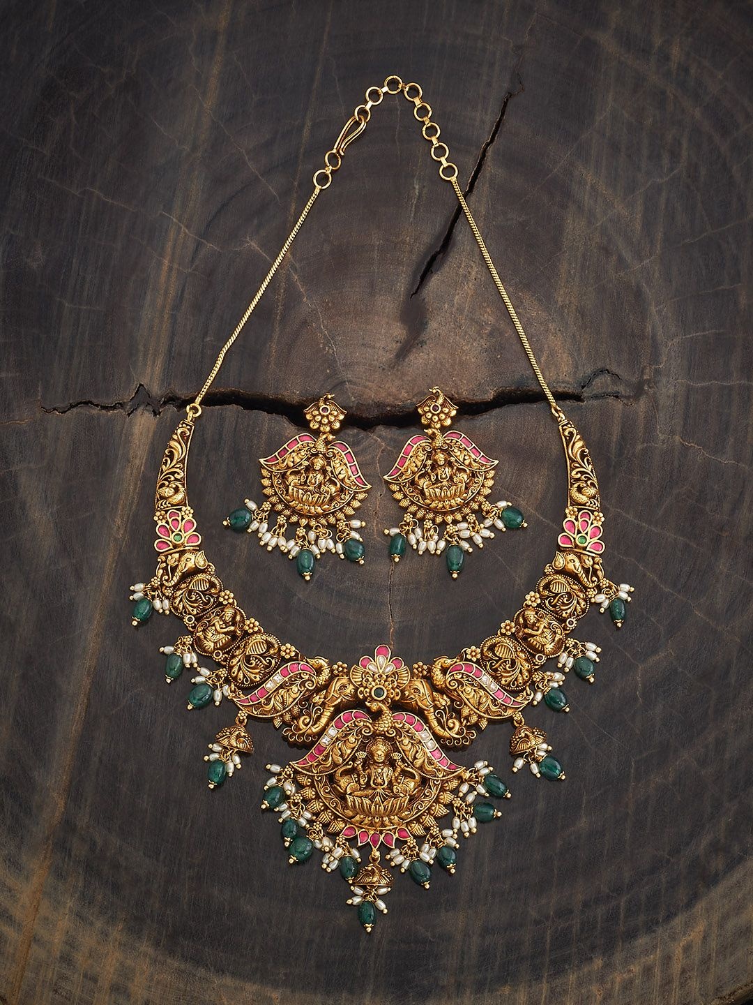 

Kushal's Fashion Jewellery Gold-Plated Stone Studded & Beaded Antique Necklace & Earrings