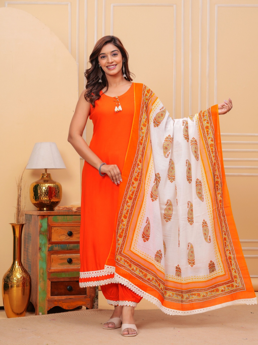 

KALINI Women Paisley Regular Kurta with Salwar & With Dupatta, Orange