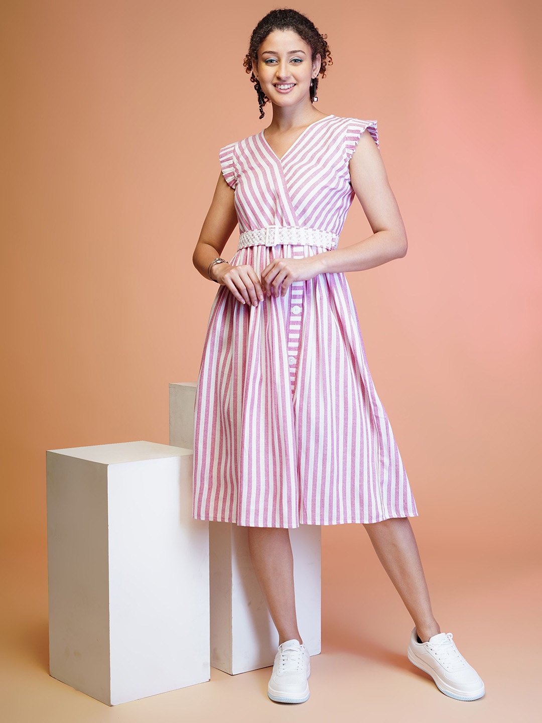 

YANAMORA Striped Flutter Sleeve Fit & Flare Dress, Pink