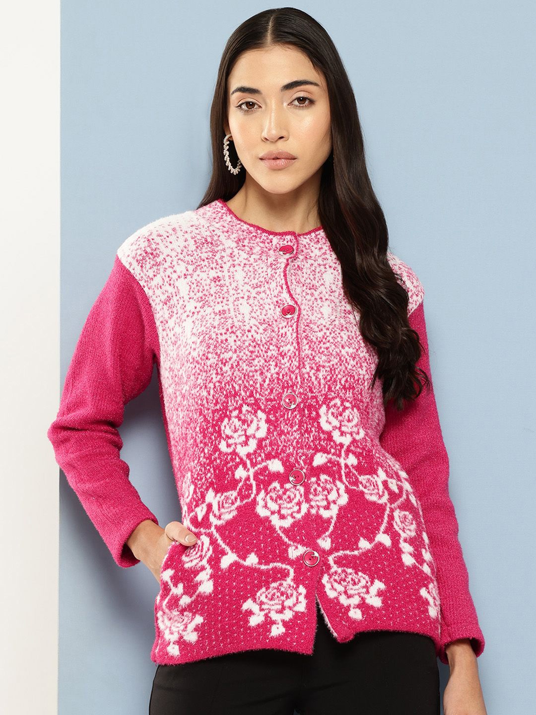 

BAESD Women Floral Printed Woollen Cardigan, Pink