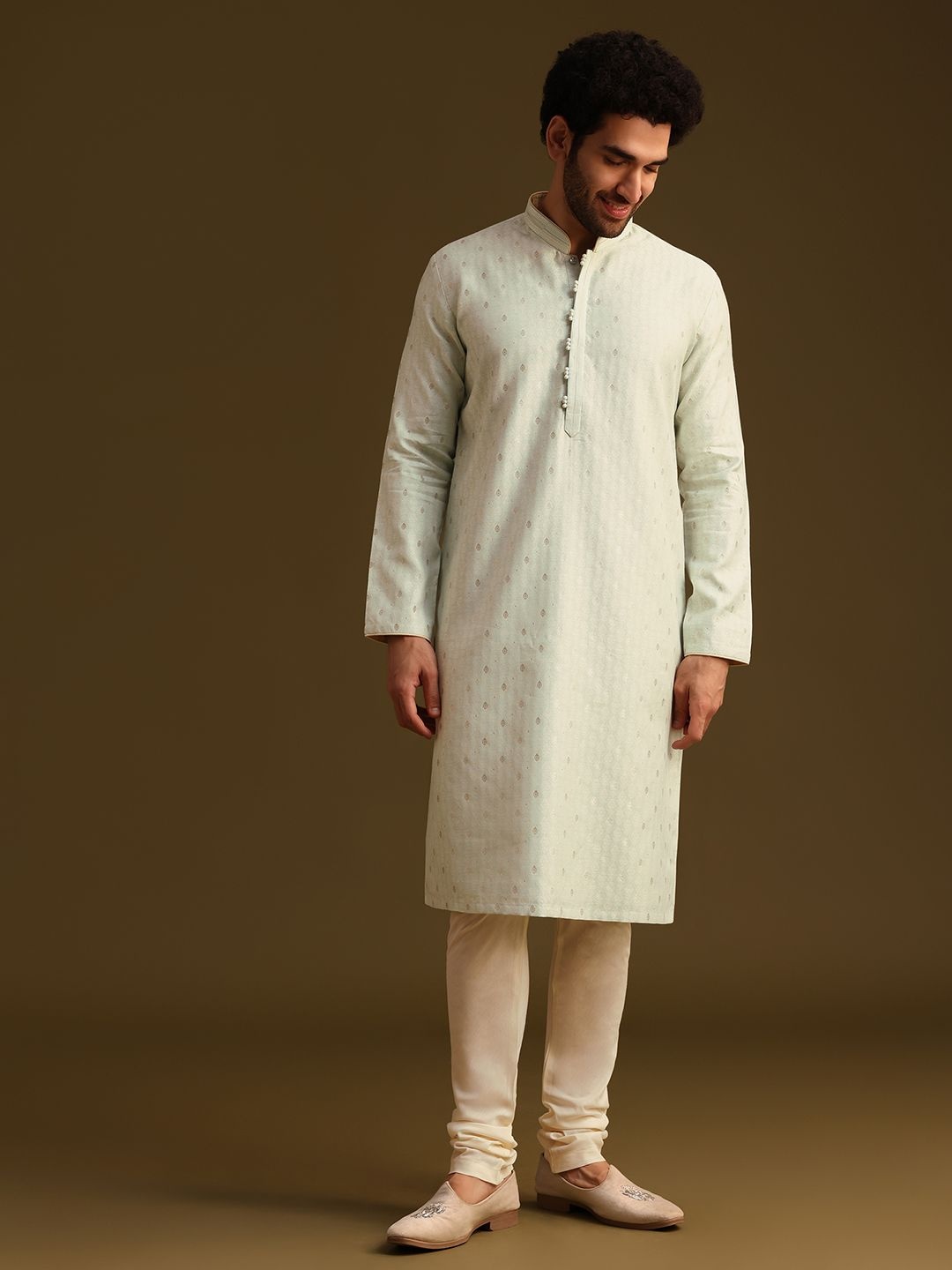 

KALKI Fashion Ethnic Motifs Woven Design Mandarin Collar Straight Kurta With Churidar, Green