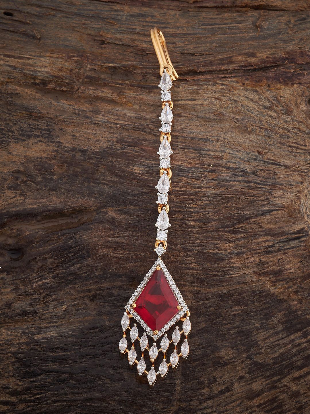 

Kushal's Fashion Jewellery Rhodium-Plated Zircon Studded Maang Tikka Head Jewellery, Gold