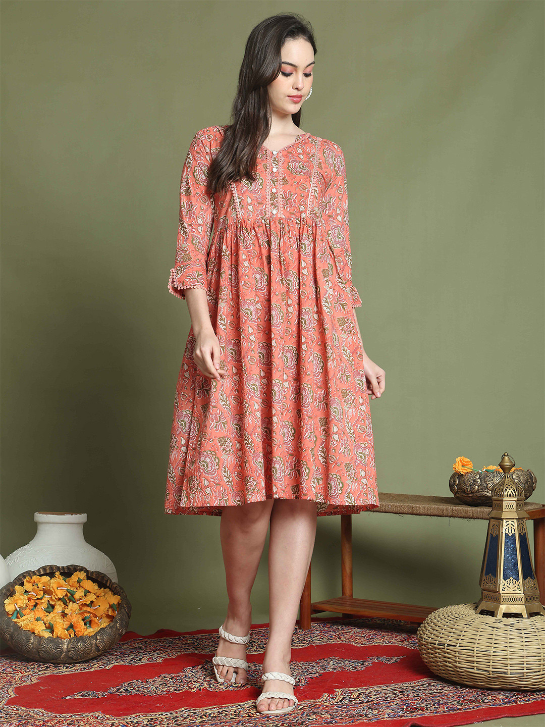

Rajnandini Women Floral Printed A-Line Dress, Orange