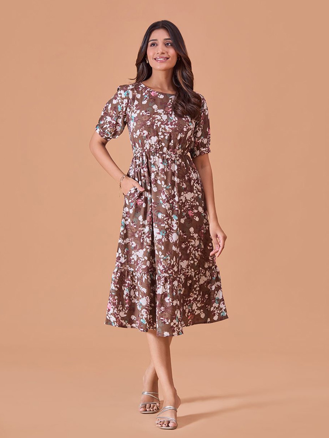 

Fashfun Women Floral Print Puff Sleeve Fit & Flare Midi Dress, Brown