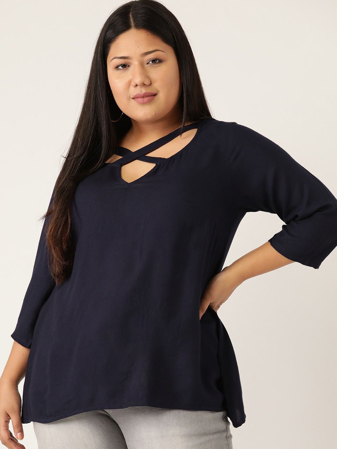 

theRebelinme Women Tie-Up Neck Plus Size Top, Navy blue