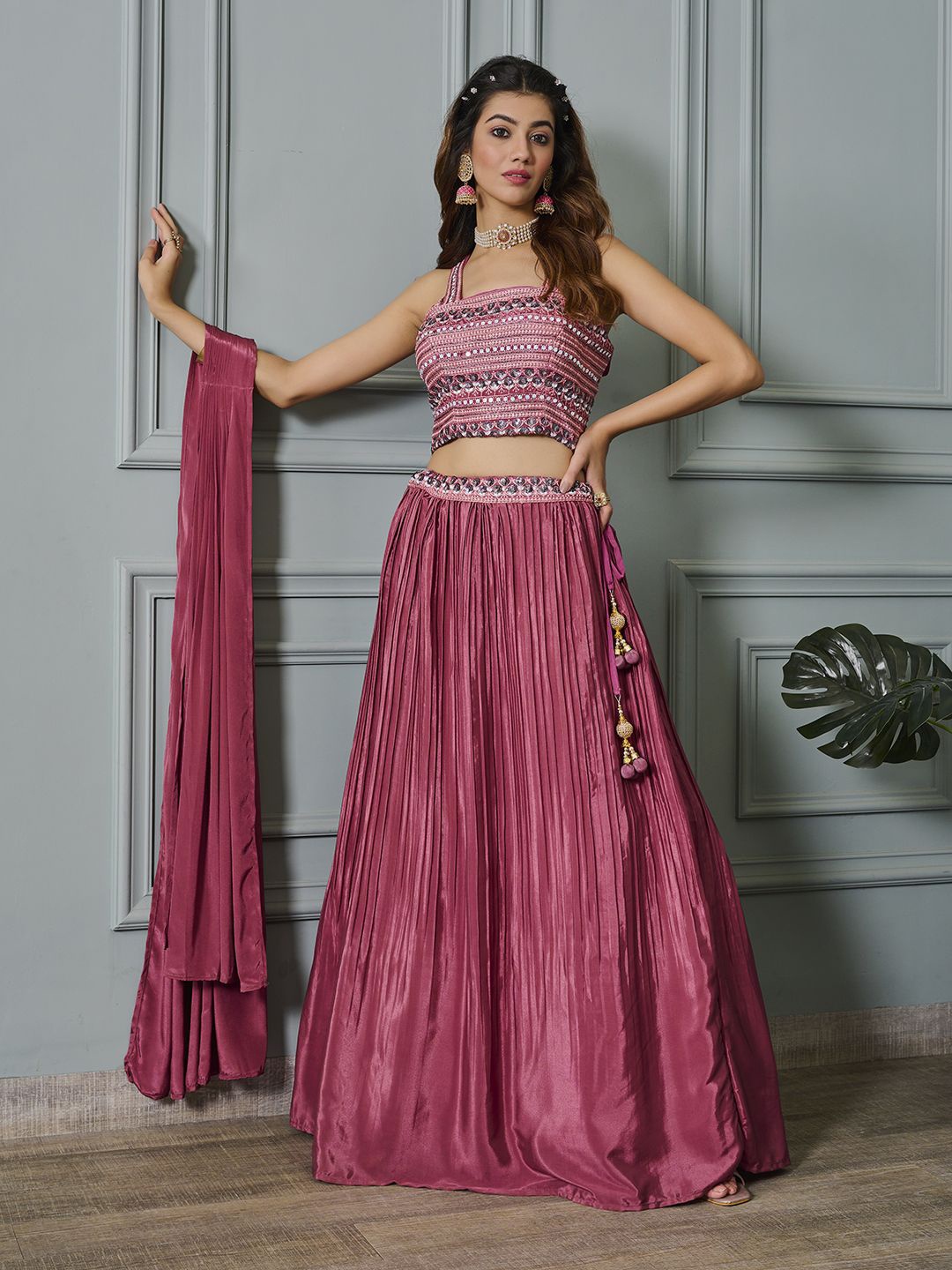 

Krimmple Embroidered Thread Work Ready to Wear Lehenga & Blouse With Dupatta, Pink