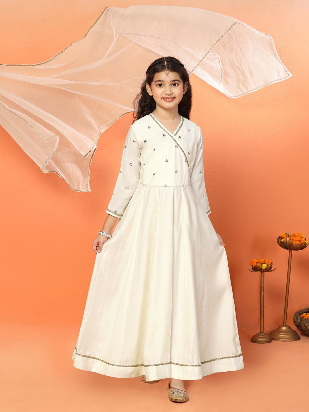 

BAESD Girls Embroidered Chanderi Maxi Length Dress With Dupatta, Off white