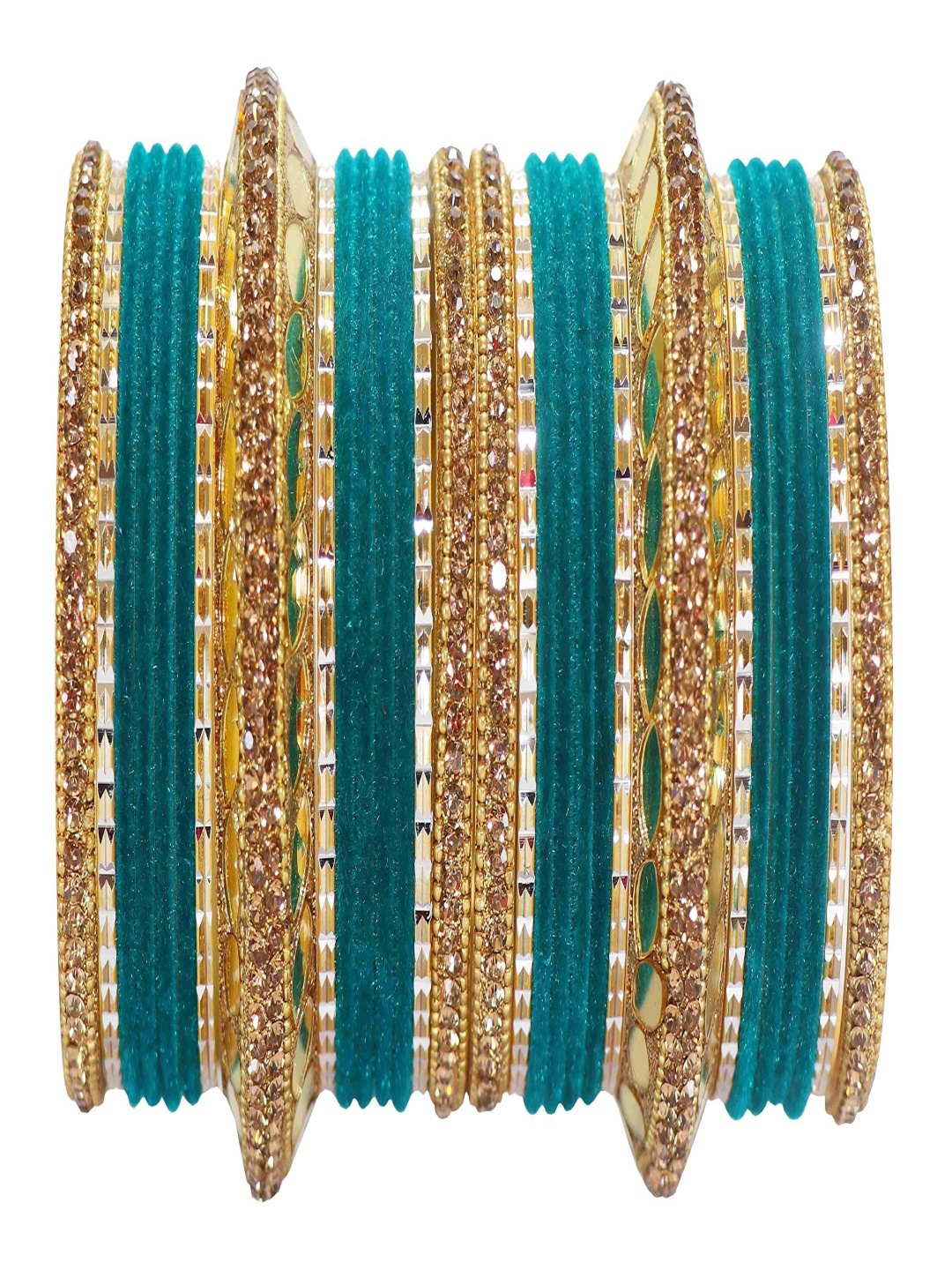 

ZULKA Set Of 30 Gold-Plated Zircon Stone-Studded & Beaded Chuda Bangles, Green