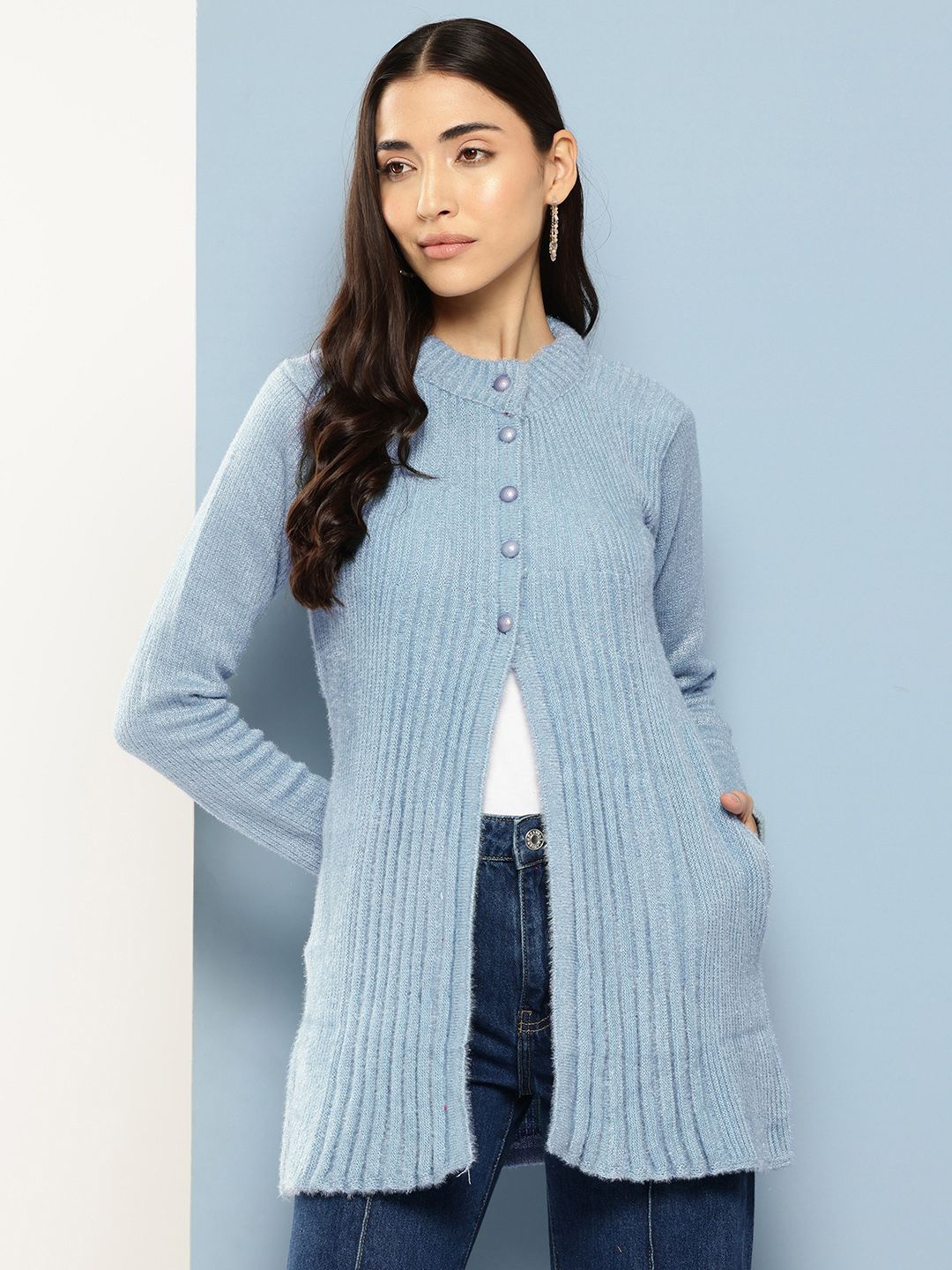

BAESD Women Woollen Longline Cardigan, Blue