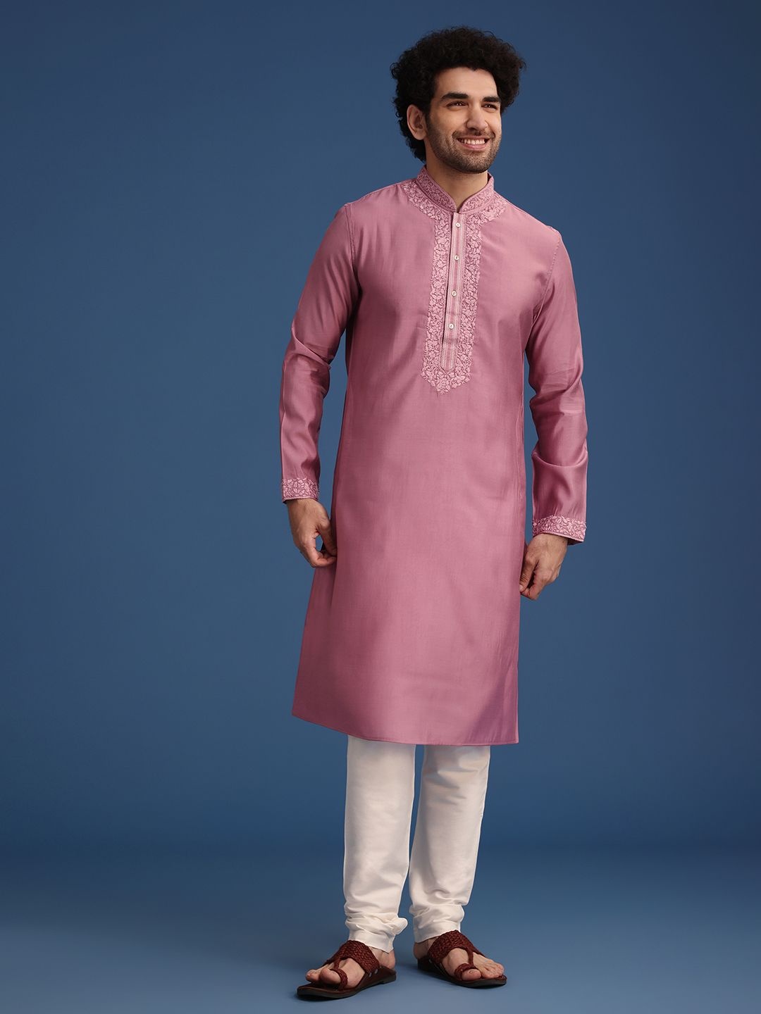 

KALKI Fashion Floral Yoke Design Mandarin Collar Thread Work Straight Kurta With Churidar, Pink