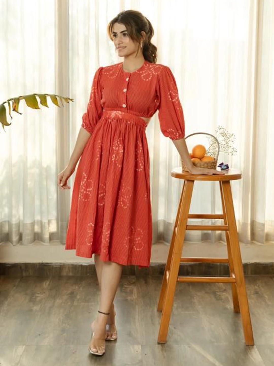 

SUKITI Women Cotton Printed Puff Sleeve Cut-Outs Fit & Flare Dress, Red