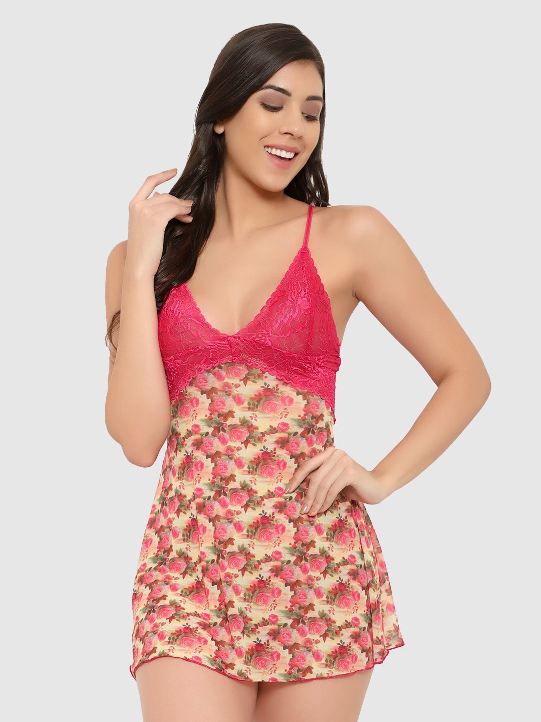 

Boldwink Women Printed Laced Shoulder Straps Baby Doll Nightdress, Pink