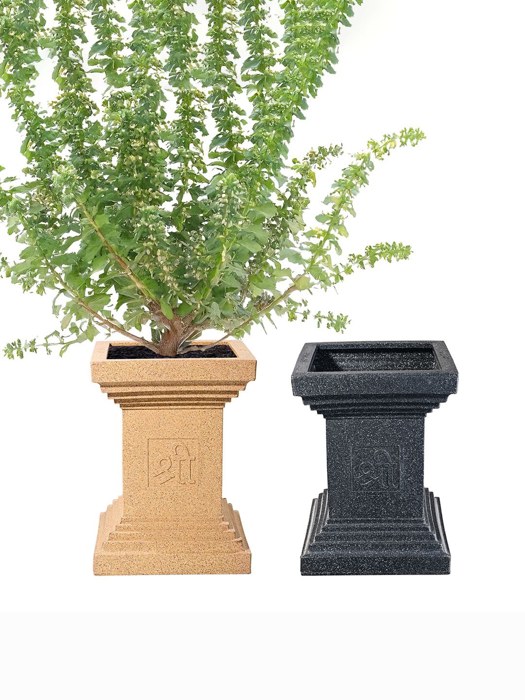 

Kuber Industries 2 Pcs Brown & Black Textured Roto Mould Tulsi Flower Planters