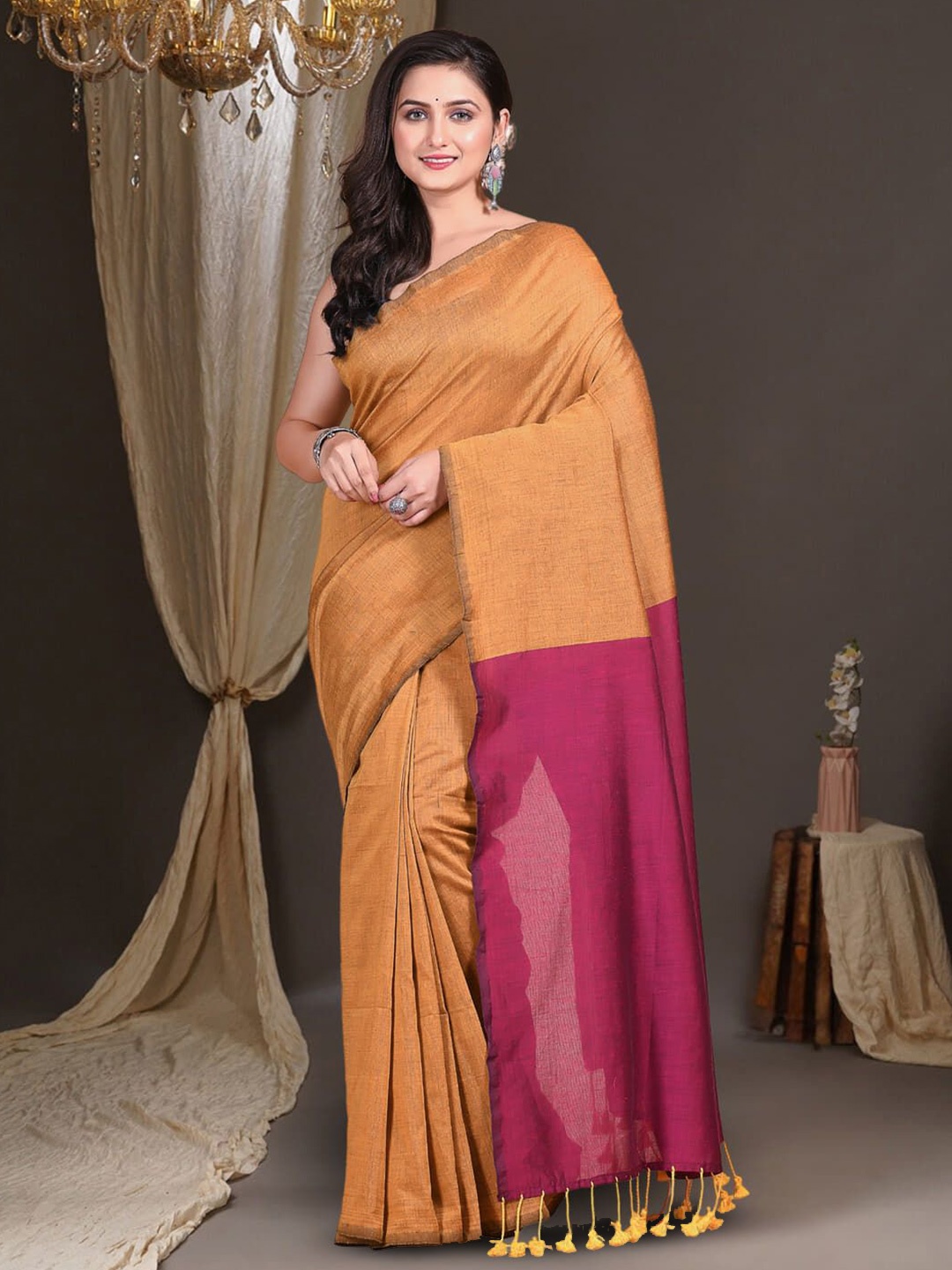 

T.J. SAREES Colourblocked Pure Cotton Khadi Saree, Yellow