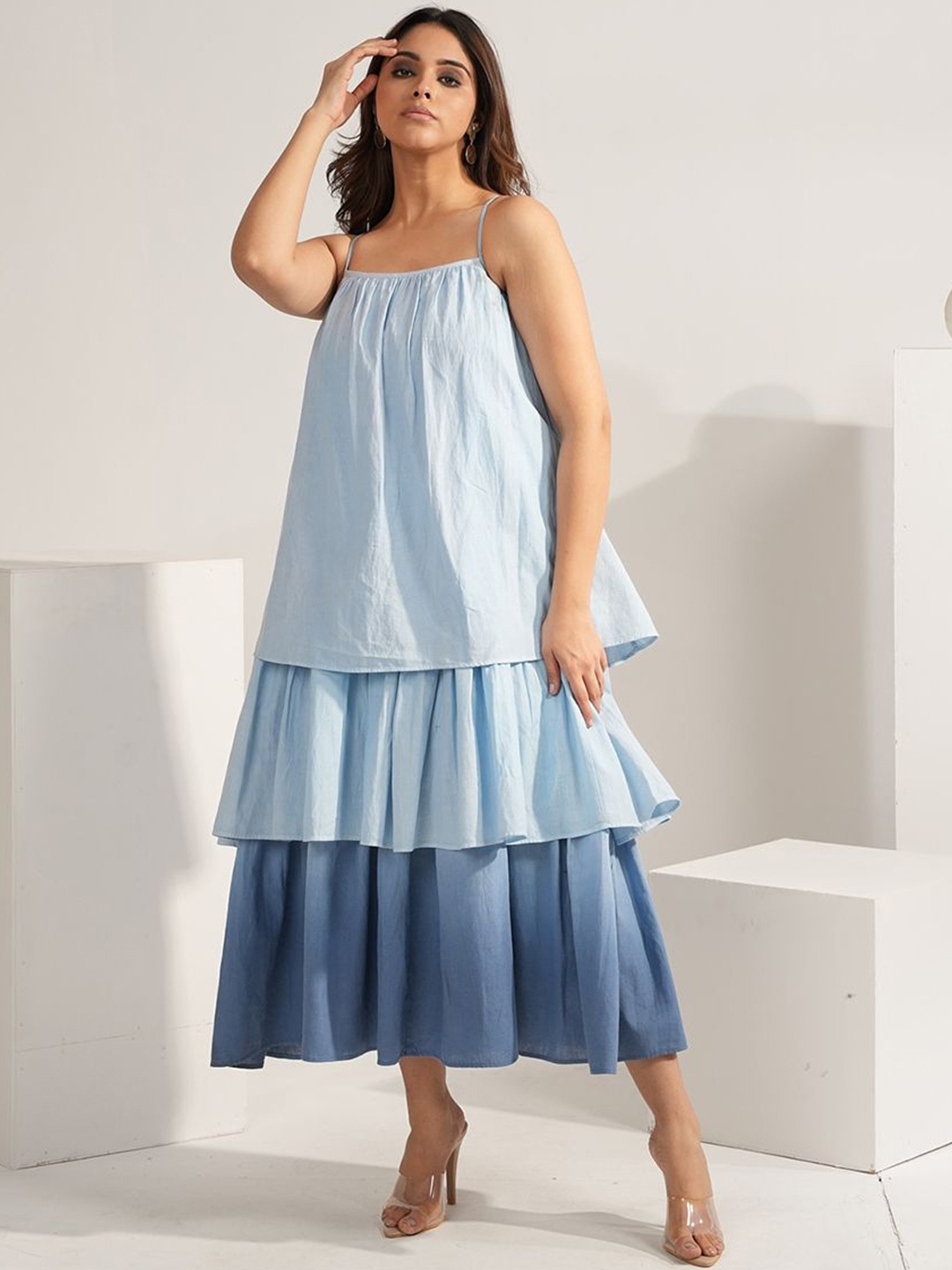 

Aamili Ombre Shoulder Straps Cotton A-Line Midi Dress, Blue