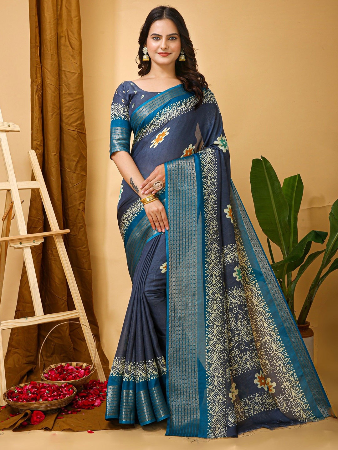 

LeeliPeeri Designer Ethnic Motifs Printed Zari Saree, Navy blue