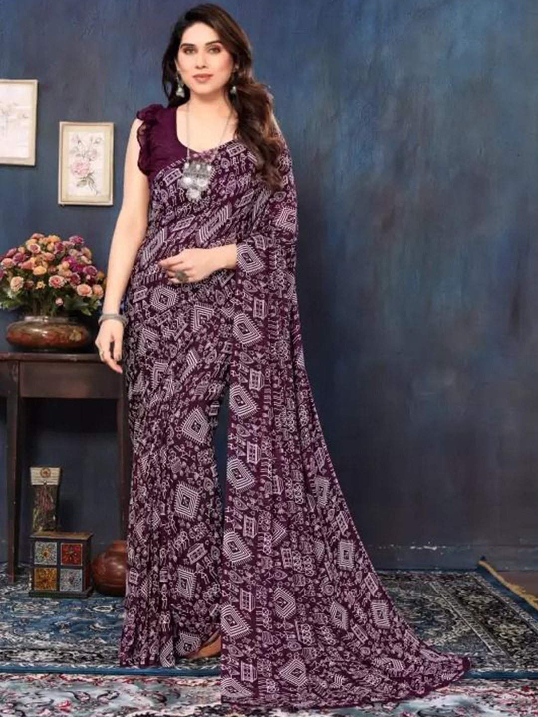 

KALINI Ethnic Motifs Pure Georgette Fusion Saree, Burgundy