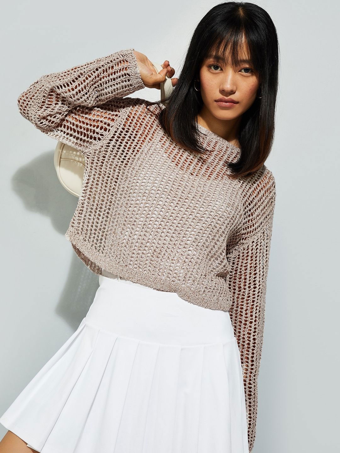 

MAX ALAYA F x URB_N Women Open Knit Top, Beige