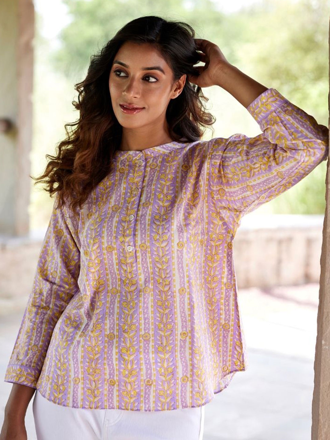 

JAIPURRANG Women Floral Print Mandarin Collar Cotton Shirt Style Top, Yellow